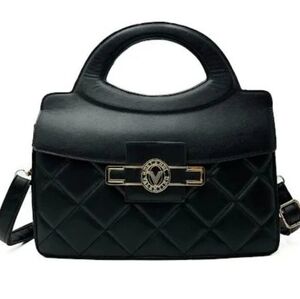 NWT Valentino Orlandi Black Quilted Satchel Top Handle Bag Gold V Logo Clasp